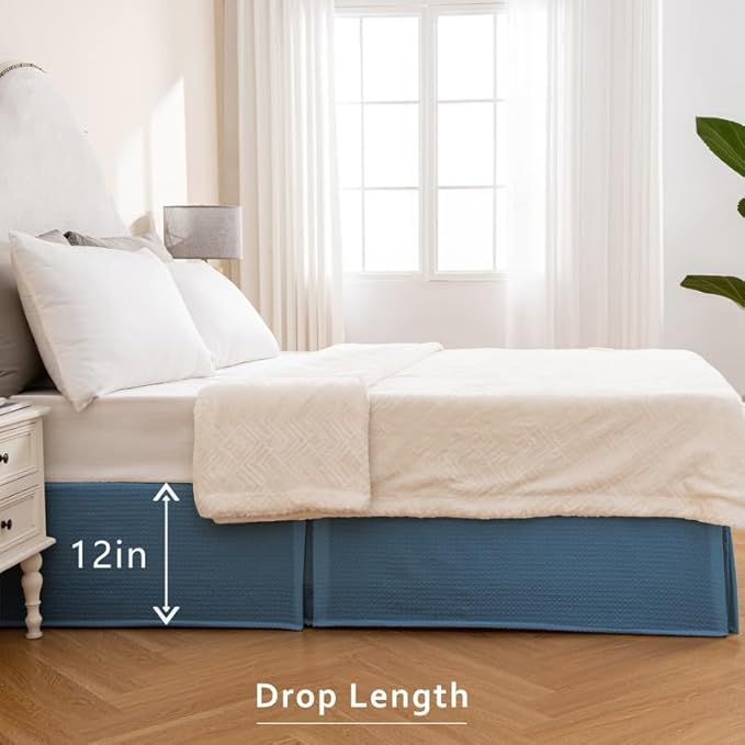 MIYE Pleated Waffle Weave Bed Skirt, Tailored Dust Ruffle 12 Inch Drop Easy Fit, Machine Washable (Blue, Full - 12" Drop)