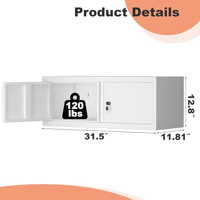 LUCYPALGarage Wall Cabinet with Doors,Metal Locking Storage Cabinet,Floating Tool Cabinet for Kitchen,Garage,Workshop,Warehouse(12.8" H,White)