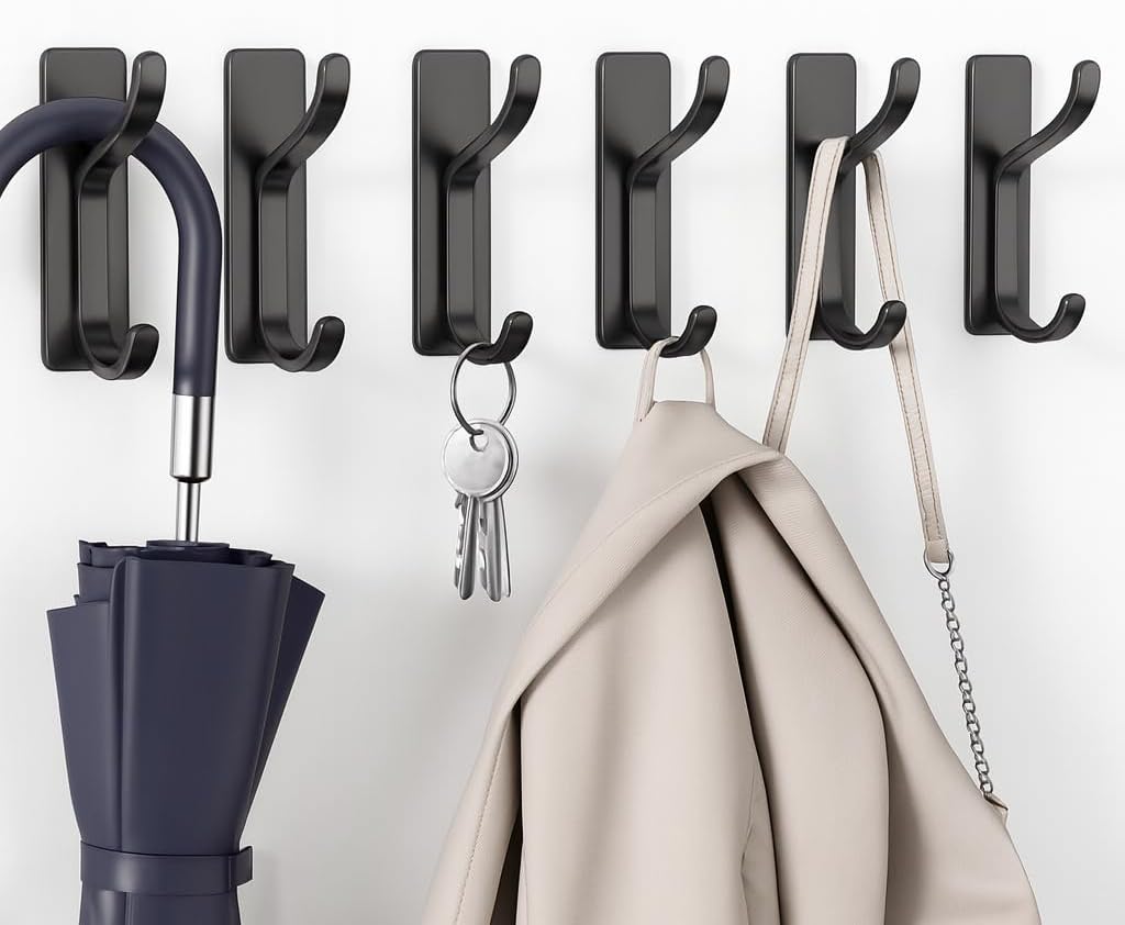 pickpiff Adhesive Wall Hooks for Hanging - 13 LB Strong Hold, Sticky Hanger for Coat, Towel, Purse, Bag - for Wall, Door, Bathroom, Dorm, Shower, Kitchen, Closet - Stainless Metal, Black, 6 Pack