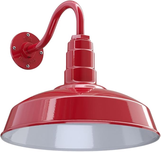 Steel Lighting Co. Gardena Barn Light | Outdoor Wall Mounted | 16" Dome | 11" Gooseneck | Farmhouse Light Made in America | Red Exterior/White Interior
