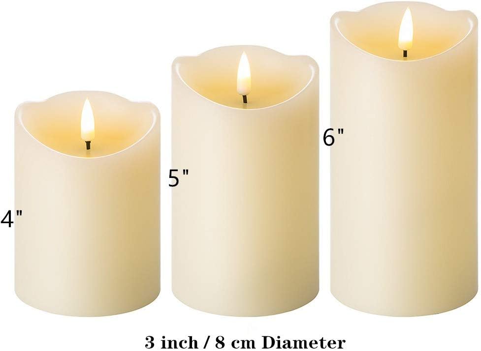 Eywamage Ivory Flameless Pillar Candles with Remote, Flickering Realistic LED Battery Wax Candles Set of 3, Φ 3" H 4" 5" 6"