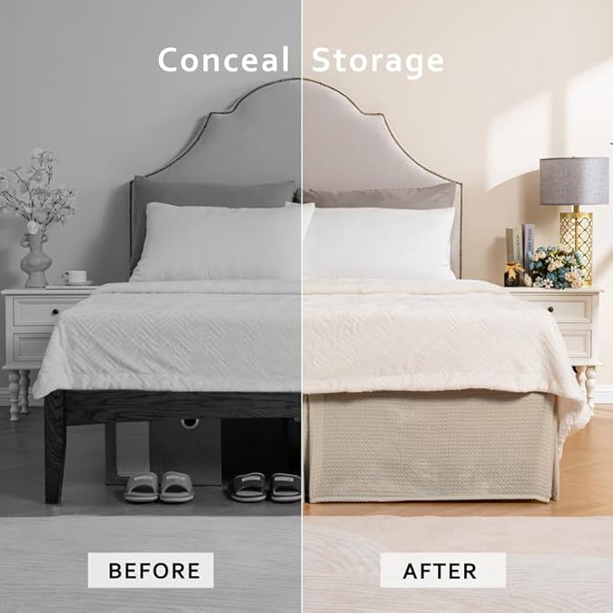 MIYE Pleated Waffle Weave Bed Skirt, Tailored Dust Ruffle 12 Inch Drop Easy Fit, Machine Washable,No Split Corners (Beige, Queen - 12" Drop)