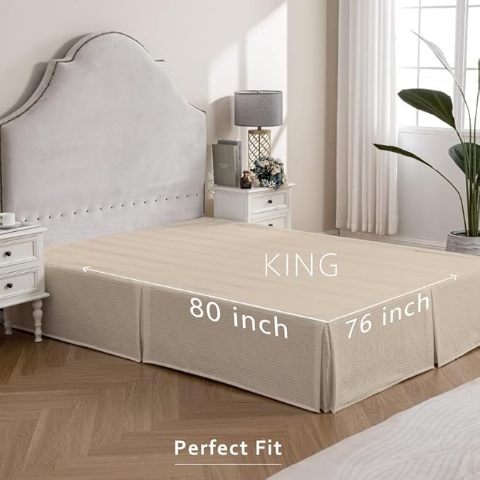 MIYE Pleated Waffle Weave Bed Skirt, Tailored Dust Ruffle 12 Inch Drop Easy Fit, Machine Washable,No Split Corners (Beige, King - 12" Drop)