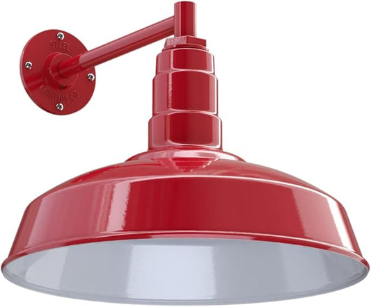 Steel Lighting Co. Gardena Barn Light | Outdoor Wall Mounted | 16" Dome | 11" Straight Arm | Farmhouse Light Made in America | Red Exterior/White Interior
