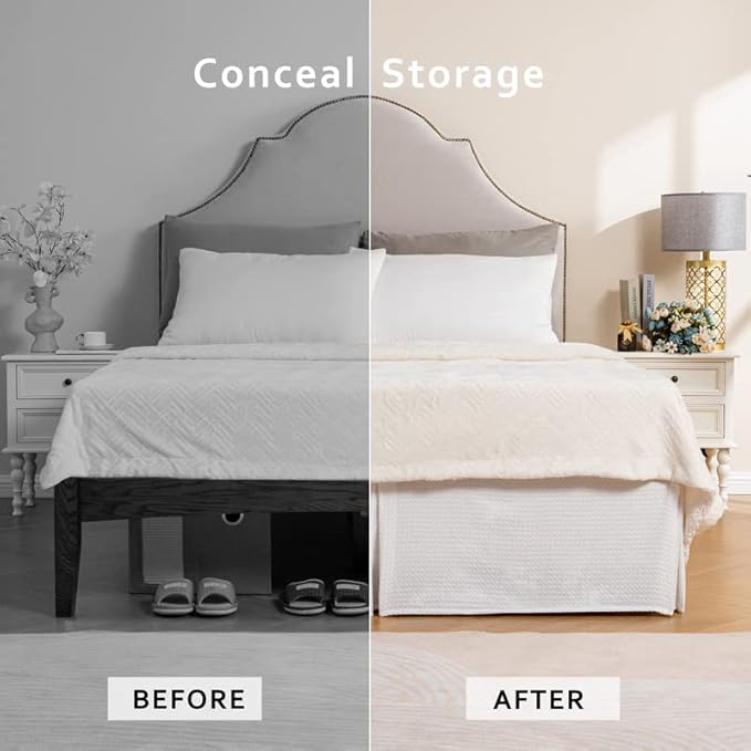 MIYE Pleated Waffle Weave Bed Skirt, Tailored Dust Ruffle 12 Inch Drop Easy Fit, Machine Washable, No Split Corners (White, King - 12" Drop)