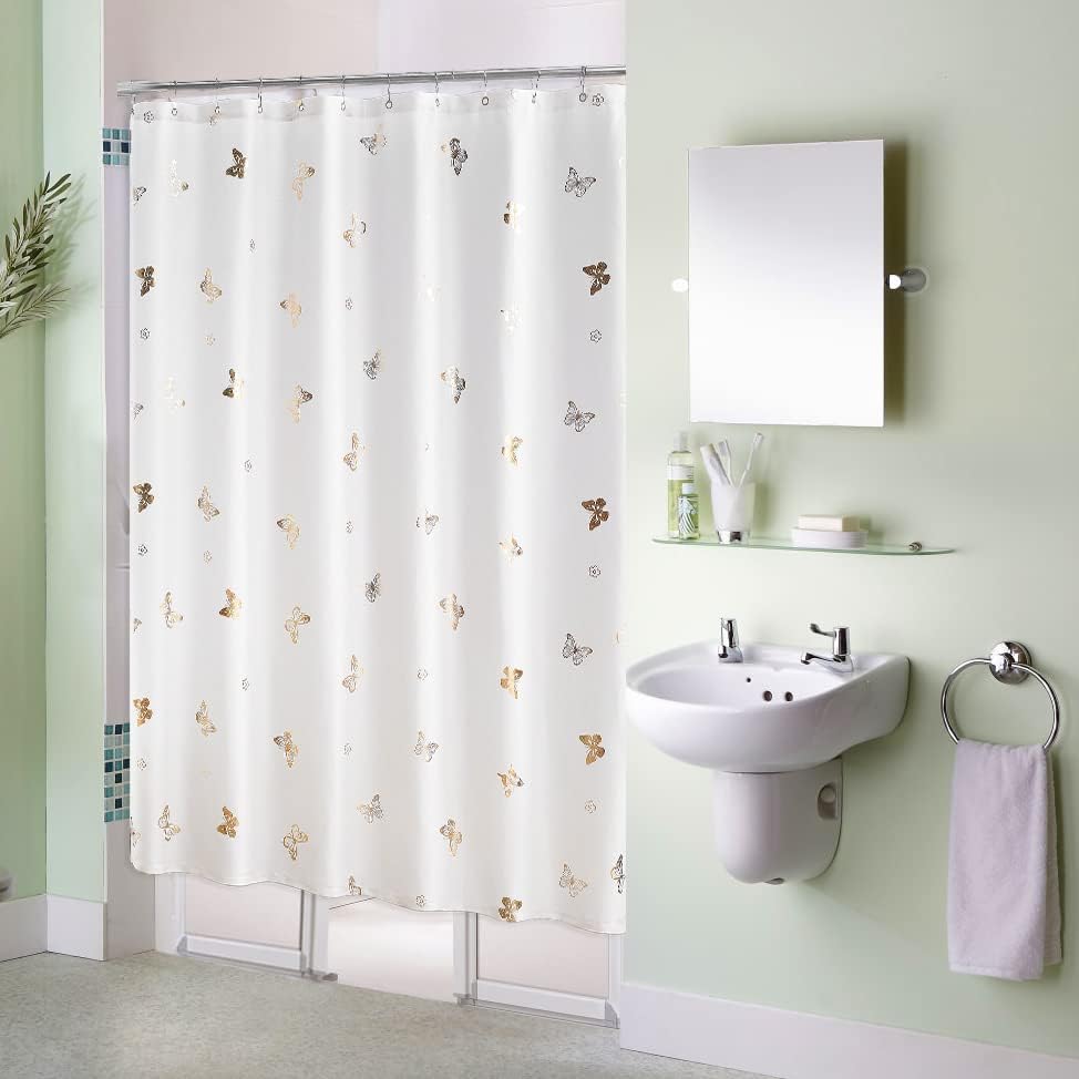 Jubilantex White Gold Butterfly Shower Curtain for Bathroom Farmhouse Waterproof Bathroom Decorative Rustic Kids Shower Curtain with 12 Rust Proof Grommets for Spa Hotel, 70x76 Inches