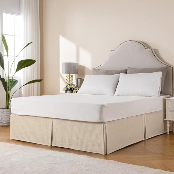 MIYE Pleated Waffle Weave Bed Skirt, Tailored Dust Ruffle 12 Inch Drop Easy Fit, Machine Washable,No Split Corners (Beige, King - 12" Drop)