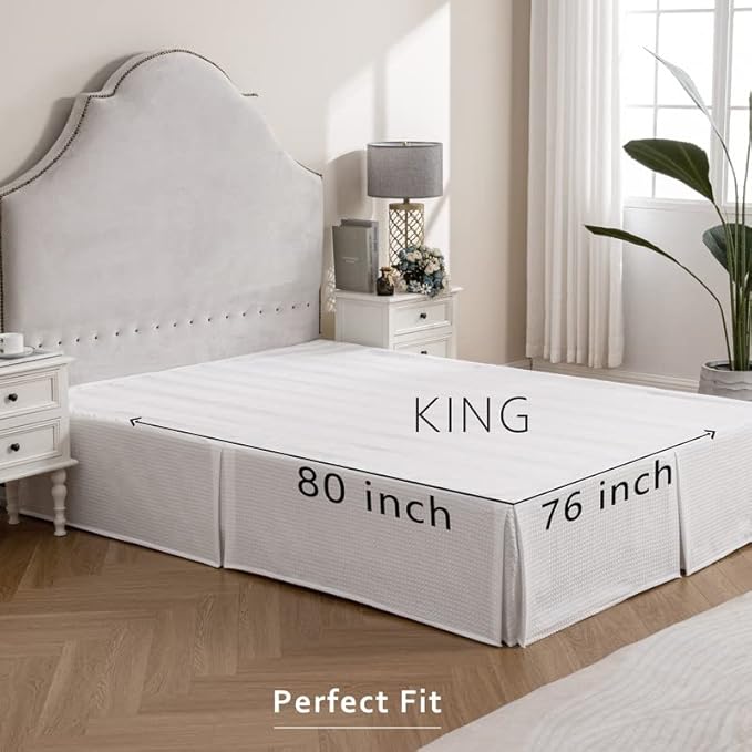 MIYE Pleated Waffle Weave Bed Skirt, Tailored Dust Ruffle 12 Inch Drop Easy Fit, Machine Washable, No Split Corners (White, King - 12" Drop)