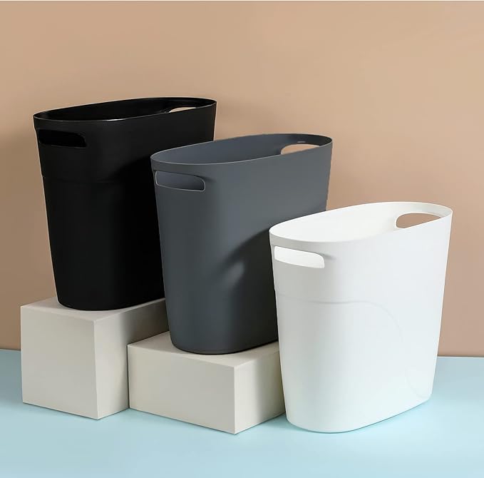 JiatuA Plastic Small Trash Can Slim Waste Basket with Handles 3.2 Gallon Narrow Garbage Container Bin for Bathroom, Bedroom, Kitchen, Home Office Under Desk, Dorm, Laundry Room, Kids Room, Dark Grey