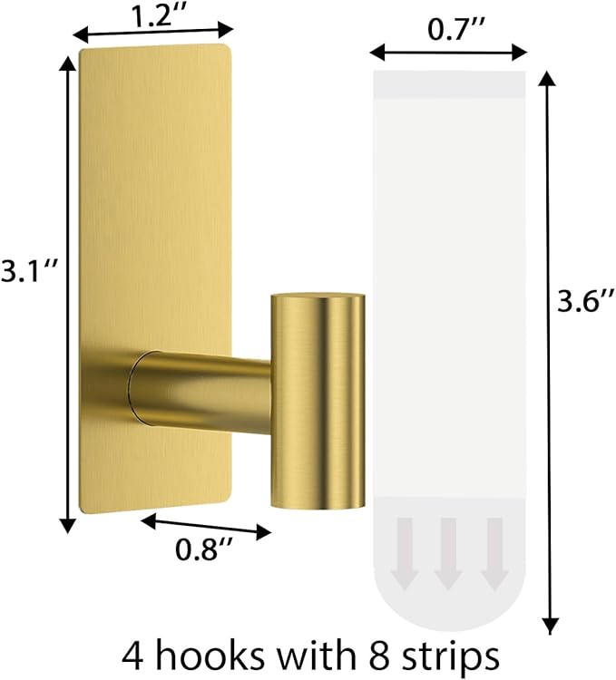 4 Pcs Towel Hooks Heavy Duty for Hanging，Adhesive Wall Hooks with Removable Strips，Sticky No Damage，Outdoor for Bathrooms，Shower，Stockings，Decor，Robe，Large，Gold 304 Stainless Steel