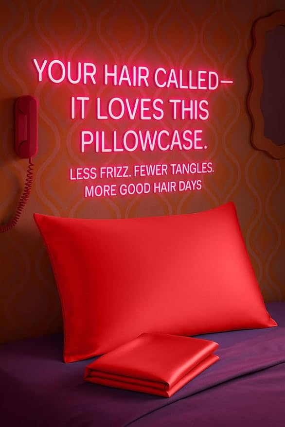 Satin Pillowcase with Zipper, for Hair and Skin Care, Feels Soft and Cool Like a Silk Pillowcase, Red Satin Pillow Cases Set of 2, Slik Pillow Cover, King Size - 2 Pack