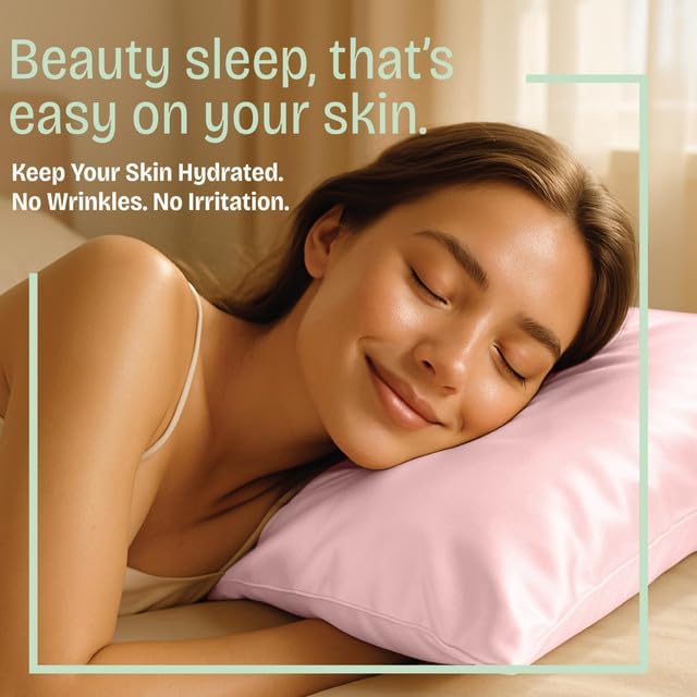 Pink Satin Pillowcase with Zipper, for Hair and Skin Care, Feels Soft and Cool Like a Silk Pillowcase, Satin Pillow Cases 2 Pack, Slik Pillow Cover, Standard Size - Set of 2
