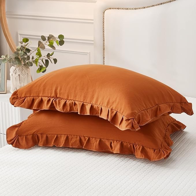 Merryword Burnt Orange Pillowcases Standard Pillowcases 20x26inch Cute Pillowcases Rust Ruffle Set of 2 Shabby Chic Caramel Pillow Cover