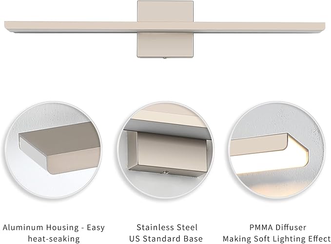 JUSHENG Brushed Nickel Bathroom Vanity Light Modern Dimmable Vanity Light Bar LED Bathroom Lighting 24 Inch 24W 3000K Warm White