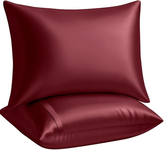 Satin Pillowcase with Zipper, for Hair and Skin Care, Feels Soft and Cool Like a Silk Pillowcase, Satin Pillow Cases 2 Pack, Slik Pillow Cover, Burgundy, Queen, Set of 2