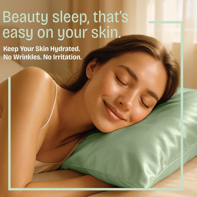 Satin Pillowcase with Zipper, for Hair and Skin Care, Feels Soft and Cool Like a Silk Pillowcase, Satin Pillow Cases 2 Pack, Slik Pillow Cover, Sage Green - Standard Size - Set of 2