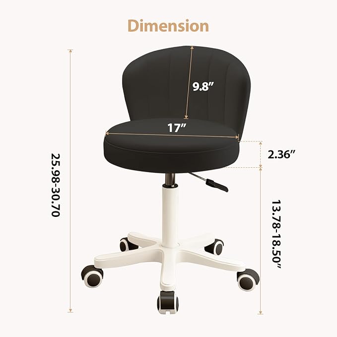 Small Desk Chair Round Rolling Chair with Back PU Leather Height Adjustable Swivel Vanity Work Computer Stool Chair for Home Office Bedroom