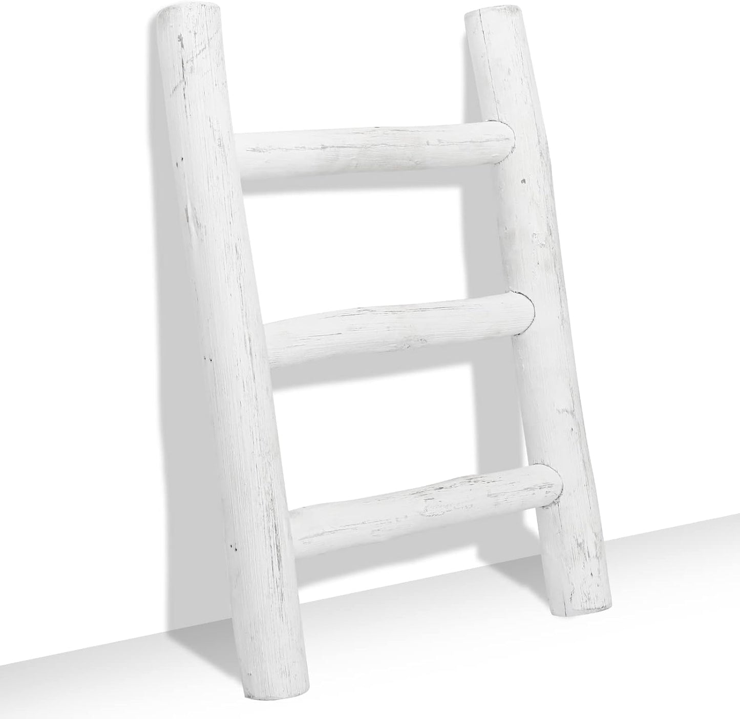 FUIN Fully Assembled Wooden Tea Towel Ladder, Mini Ladder Towel Rack Display Hanger, Small Rustic Farmhouse Tea Towel Stand Holder for Country Bathroom Decor, White