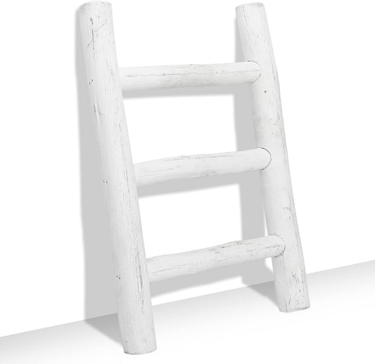 FUIN Fully Assembled Wooden Tea Towel Ladder, Mini Ladder Towel Rack Display Hanger, Small Rustic Farmhouse Tea Towel Stand Holder for Country Bathroom Decor, White