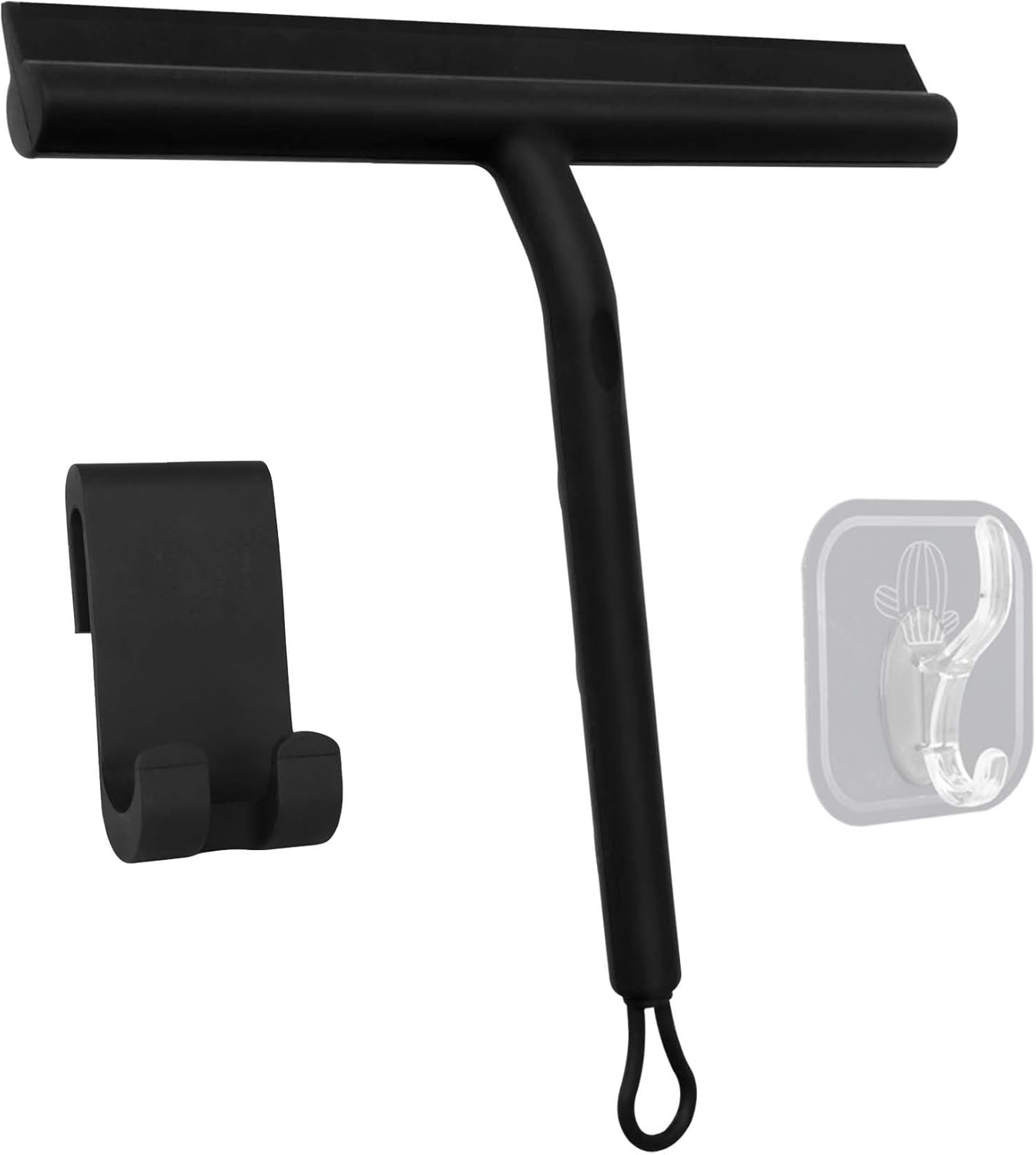 Squeegee for Shower Glass Doors, Resilient Loop - No-Drill & Adhesive Hook, Silicone Shower Squeegee with Stainless Steel Core, Cleaning Tool for Home, Kitchen, Bathroom & Car - Black