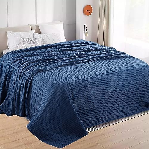 HILLFAIR 100% Cotton Blanket- 120" x 120" XXL Oversized King Bed Blankets - Family Size 10 ft x 10 ft Big - Soft Breathable Waffle Blankets for Bed - Extra Large King Cotton Blanket - Blue