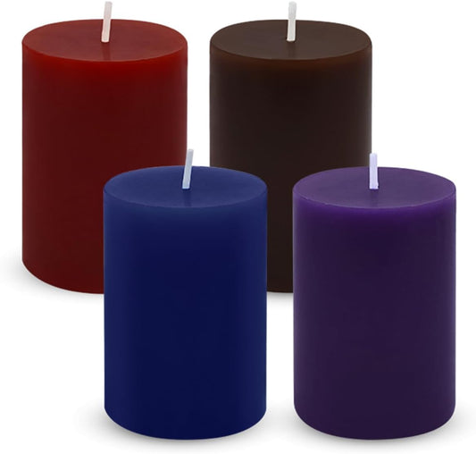 Set of 3 2x3 Inch Mix Colored Pillar Candles, Unscented Dripless Small Red, Brown, Purple and Navy Blue Cylinder Wax Candles for Home Power Outage Dinner Table Decoration - 24 Hours Burn