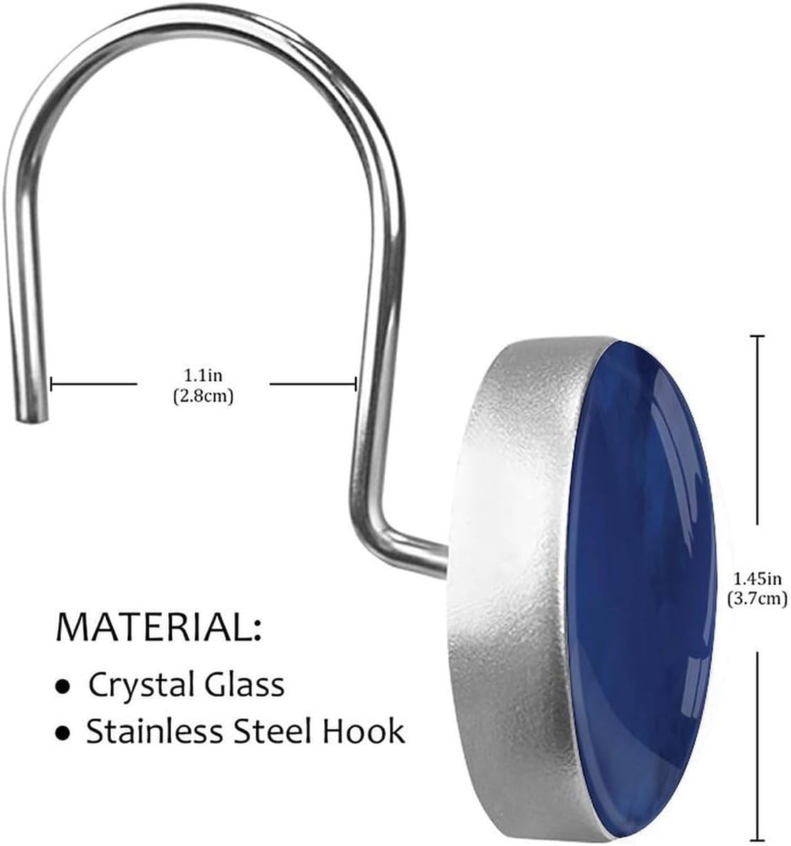 Navy Blue Shower Curtain Hooks,12 Pcs Rust Proof Glass Surface Stainless Steel Curtain Rings for Bathroom Bedroom Living Room Kitchen Home Shower Rods Decor