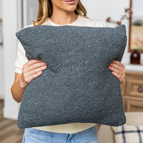 SAMIAH LUXE Grey Teddy Boucle Pillow Covers 20x20 2pcs for Home Living Room Decor, Sherpa Textured Decorative Throw Pillow Covers for Boho Decor, Square Throw Cushion Euro Shams for Modern Farmhouse