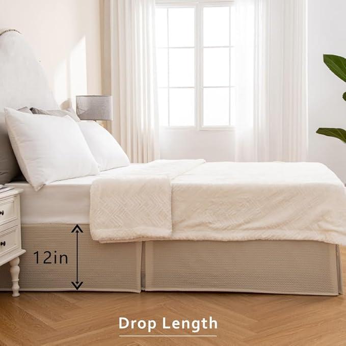 MIYE Pleated Waffle Weave Bed Skirt, Tailored Dust Ruffle 12 Inch Drop Easy Fit, Machine Washable,No Split Corners (Beige, King - 12" Drop)