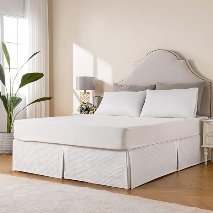 MIYE Pleated Waffle Weave Bed Skirt, Tailored Dust Ruffle 12 Inch Drop Easy Fit, Machine Washable, No Split Corners (White, King - 12" Drop)