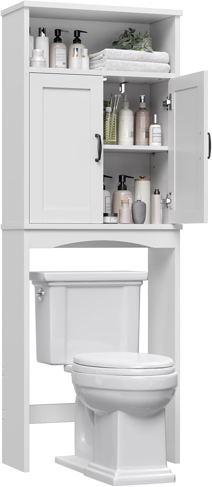 Over The Toilet Storage Cabinet, Over Toilet Bathroom Organizer with Adjustable Shelf and Double Doors, Space Saver Shelf Above Toilet Storage Cabinet (White)