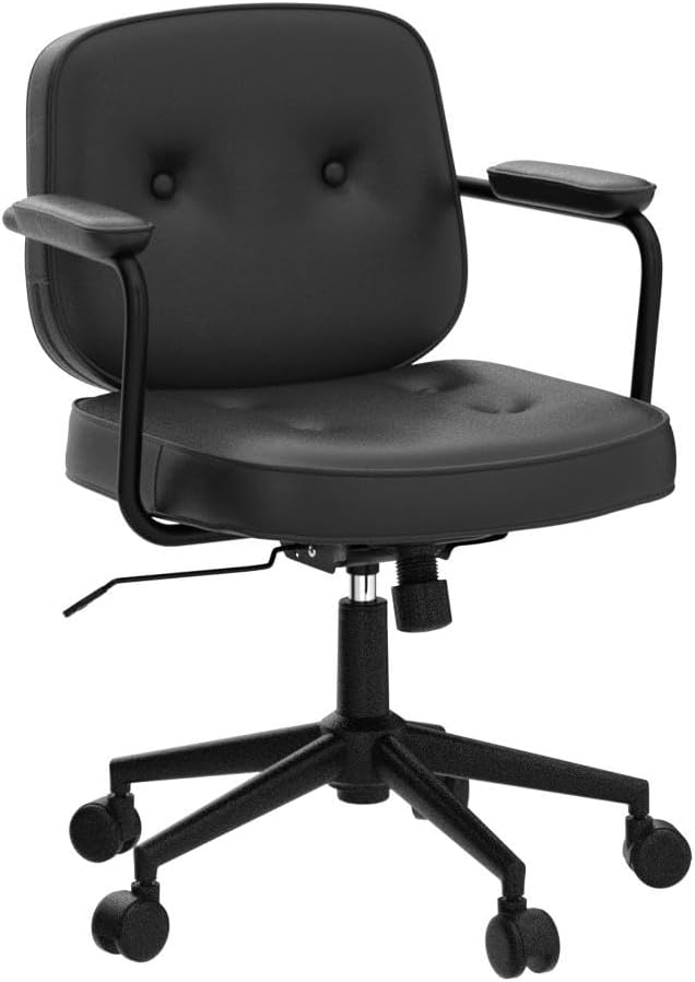 LukeAlon Adjustable Pu Leather Office Chair, Comfy 360° Swivel Task Chair with Armrest Modern Thickened Seat Desk Chair Tiltable Computer Chair with Button Tufted for Home Office, Black