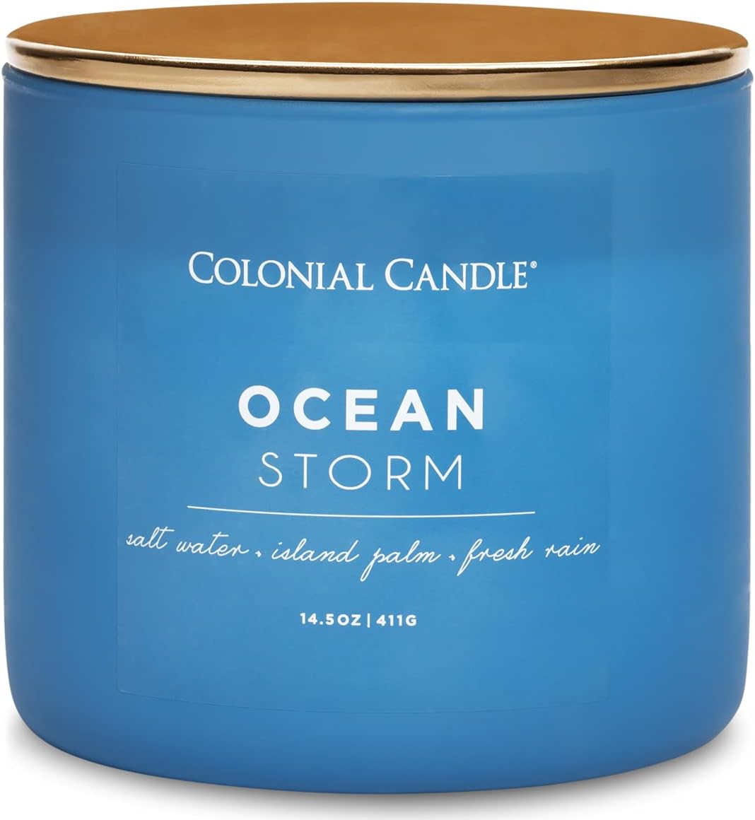 Colonial Candle Ocean Storm Scented Jar Candle, Pop of Color Collection, 3 Wick, Blue, 14.5 oz - Up to 60 Hours Burn