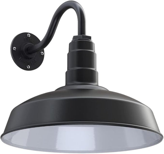 Steel Lighting Co. Gardena Barn Light | Outdoor Wall Mounted | 16" Dome | 11" Gooseneck | Farmhouse Light Made in America | Matte Black Exterior/White Interior