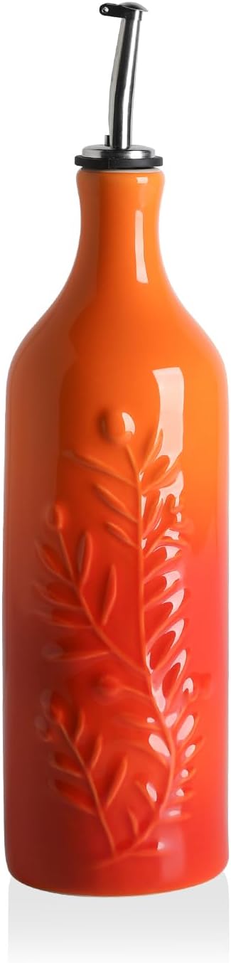 Sweejar Large Olive Oil Dispenser Bottle with Spout, 24 Oz Ceramic Oil Dispenser for Kitchen, Relief Opaque Cruet, Container for Cooking, EVOO, Vinegar, Pack of 1 (GradientOrange)