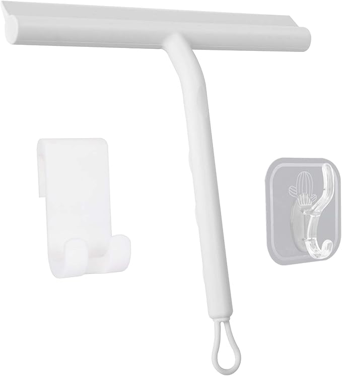 Squeegee for Shower Glass Doors, Resilient Loop - No-Drill & Adhesive Hook, Silicone Shower Squeegee with Stainless Steel Core, Cleaning Tool for Home, Kitchen, Bathroom & Car - White