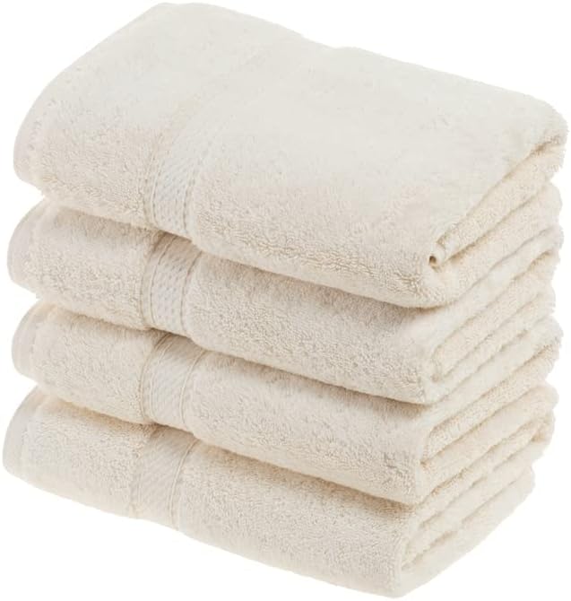 Superior Egyptian Cotton Pile Hand Towel Set of 4, Ultra Soft Luxury Towels, Thick Plush Essentials, Absorbent Heavyweight, Guest Bath, Hotel, Spa, Home Bathroom, Shower Basics, Cream
