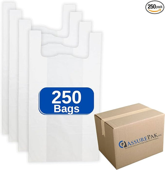 White Unprinted HDPE T-Shirt Bags - 20"x10"x36" with handles – 250 Units – 18 Microns – Retail, Business, Market, Home, at the Farmer's Market, or in a Grocery Store