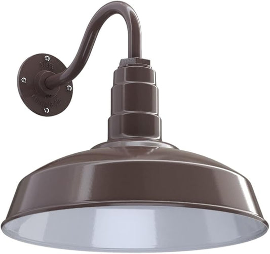 Steel Lighting Co. Gardena Barn Light | Outdoor Wall Mounted | 16" Dome | 11" Gooseneck | Farmhouse Light Made in America | Dark Bronze Exterior/White Interior