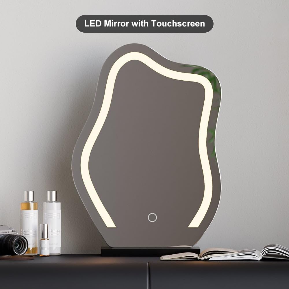 homary Black Makeup Vanity Set with LED Mirror and Dressing Stool, Modern PU Leather Dressing Table with Drawers for Bedroom, Ideal for Women Girls (Black)