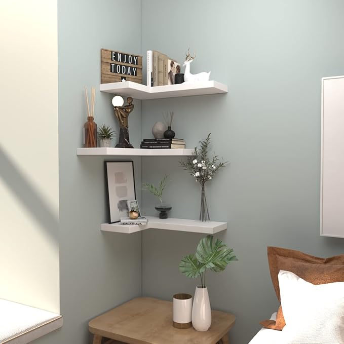 NATURE'S SOURCE Corner Floating Shelves with Invisible Brackets, Corner Shelves Wall Mounted Set of 3, Bedroom Bathroom Kitchen Living Room Office- Modern Style 16.6" x 6" (White)