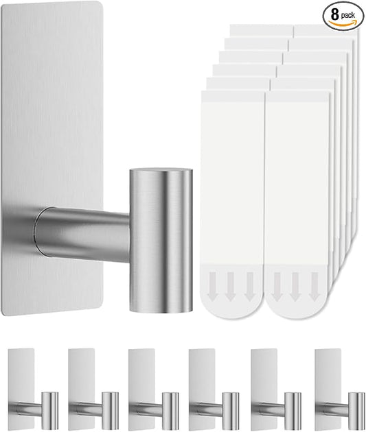 8 Pcs Towel Hooks Heavy Duty for Hanging，Adhesive Wall Hooks with Removable Strips，Sticky No Damage，Outdoor for Bathrooms，Shower，Stockings，Decor，Robe，Large，Silver 304 Stainless Steel