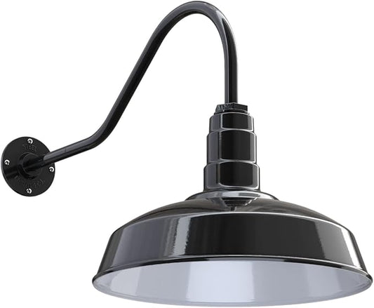 Steel Lighting Co. Gardena Barn Light | Outdoor Wall Mounted | 16" Dome | 23" Gooseneck | Farmhouse Light Made in America | Black Exterior/White Interior