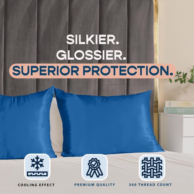 Royal Blue Satin Pillowcase with Zipper, for Hair and Skin Care, Feels Soft and Cool Like a Silk Pillowcase, Satin Pillow Cases 2 Pack, Slik Pillow Cover, Queen Size - Set of 2