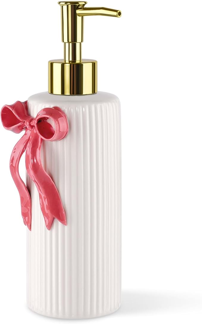 Handmade Ceramic Bow Soap Pump Dispenser Hand Lotion Liquid Dispenser Refillable for Kitchen and Bathroom Decorative (Ribbon Red)