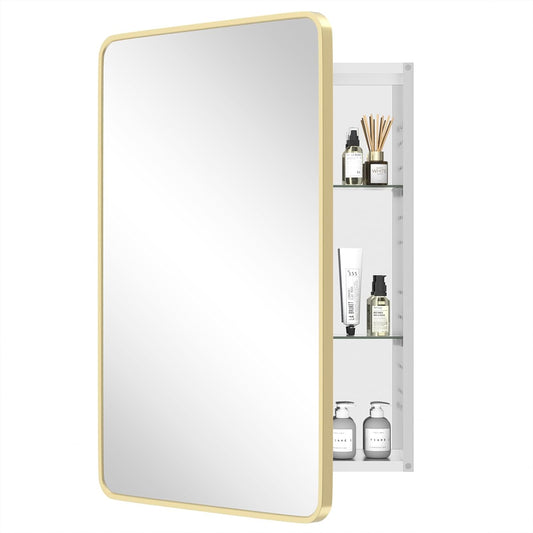 HOMECOOKIN Farmhouse Gold Metal Framed Recessed Bathroom Medicine Cabinet with Beveled Mirror Rounded Rectangle Bathroom Medicine Cabinet 24x36 inch