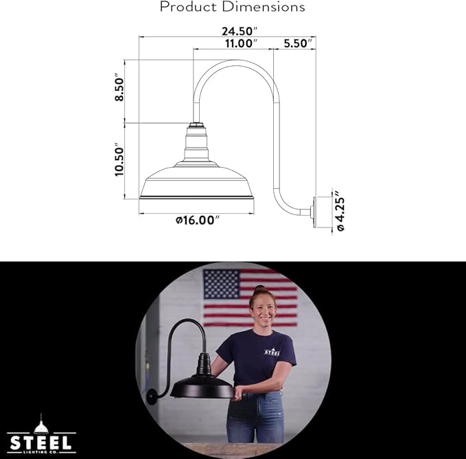 Steel Lighting Co. Gardena Barn Light | Outdoor Wall Mounted | 16" Dome | 11" Gooseneck | Farmhouse Light Made in America | Gray Blue Exterior/Brass Interior