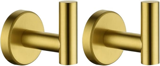 JQK Bathroom Towel Hook Brushed Gold, Brass Coat Robe Clothes Hook for Bathroom Kitchen Garage Wall Mounted (Pack of 2), SUS 304 Stainless Steel 0.8mm, TH100-BG-P2