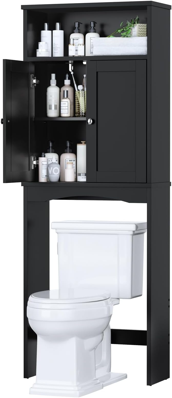 Over The Toilet Storage Cabinet, Over The Toilet Storage with Adjustable Shelf and Double Doors, Above Toilet Storage Cabinet for Bathroom Storage Over Toilet Bathroom Organizer (Black)