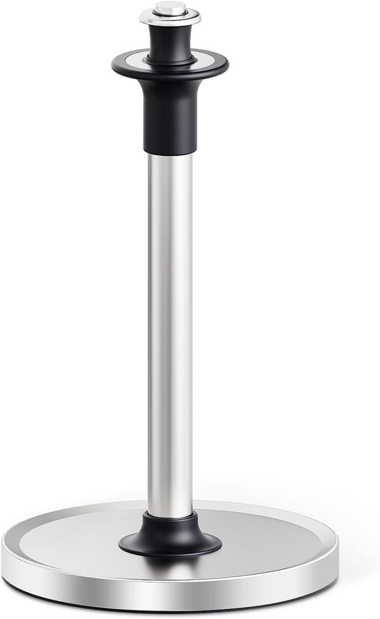 VEHHE Paper Towel Holder Countertop with Unique Damping Spring Structure for One-Handed Tearing, Stainless Steel Paper Towel Holder with Weighted Base and Suction Cups for Kitchen Bathroom, Silver